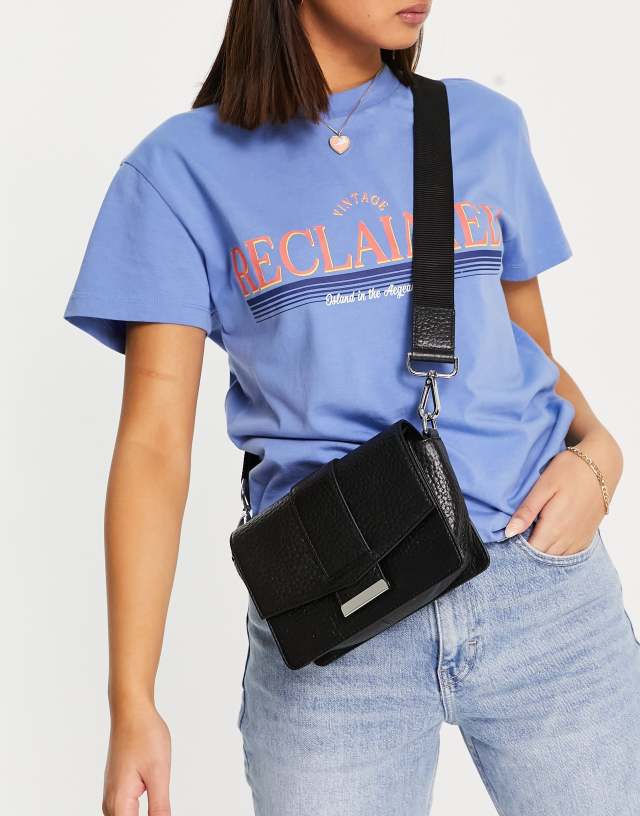 ASOS DESIGN grainy leather crossbody bag with webbing strap in black