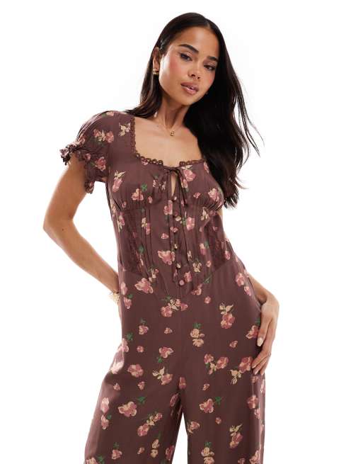 ASOS DESIGN - Grålilla jumpsuit med korset-talje, blondekant og blomstermønster, 2 af 4