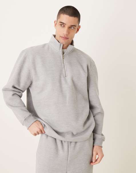 ASOS DESIGN – Gråmelerad, avslappnad sweatshirt i pikématerial med kort dragkedja och borstad insida - view 1