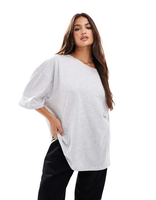 ASOS DESIGN – Gråmelerad, avslappnad t-shirt i off shoulder-modell, 4 av 4