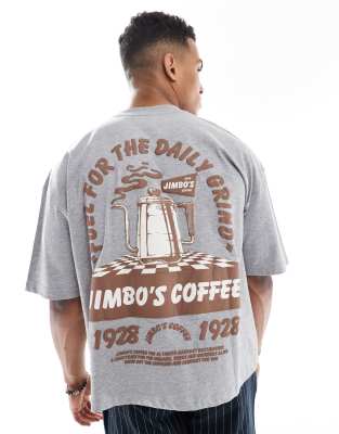 ASOS DESIGN – Gråmelerad, boxig t-shirt i oversize med kaffetryck - view 1