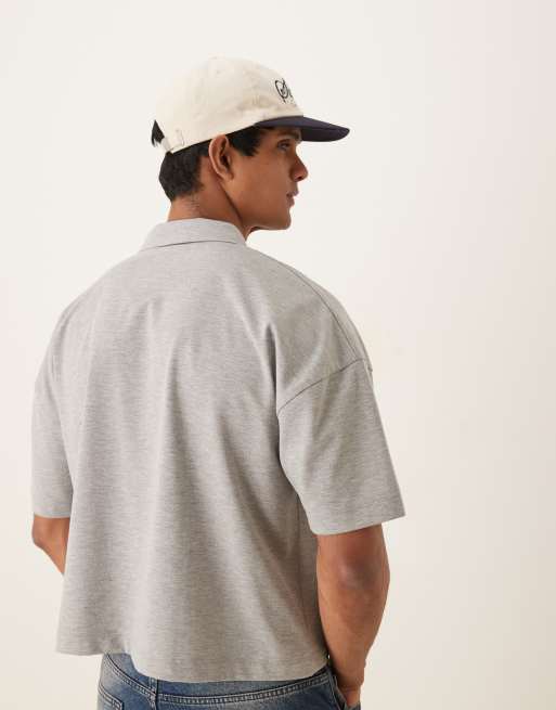 ASOS DESIGN – Gråmelerad, extra kraftig, kort pikétröja i oversize med broderad logga , 3 av 4