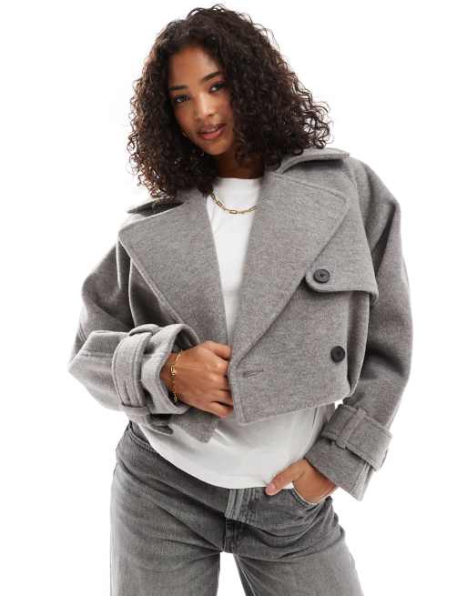 ASOS DESIGN – Gråmelerad, formell trenchcoat med kort design och ballongfåll