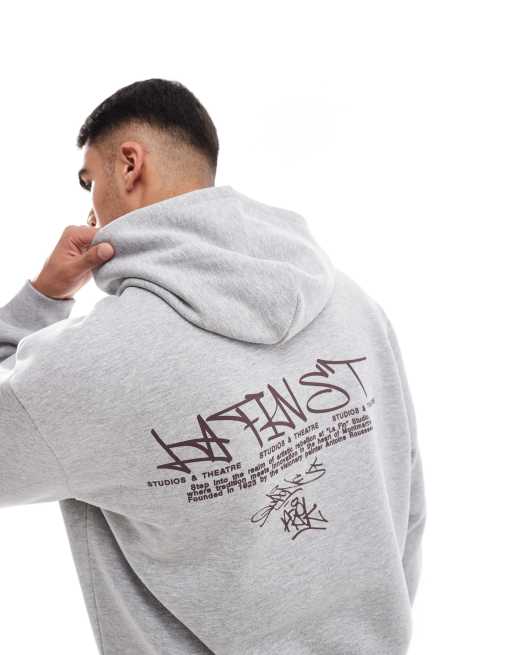 ASOS DESIGN – Gråmelerad huvtröja med boxig passform, graffititryck och dekorativ söm, 3 av 4