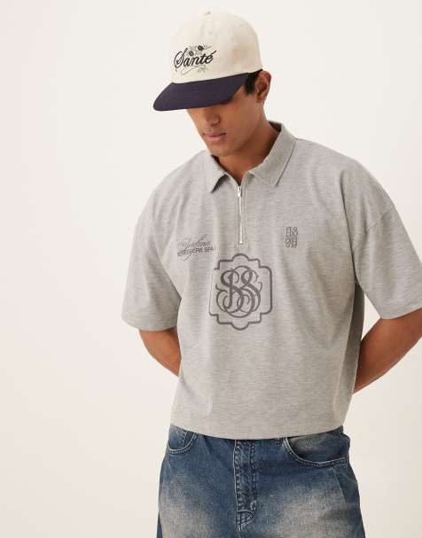 ASOS DESIGN – Gråmelerad, kraftig pikétröja i kort design och oversize med broderad logga, 300gsm - view 1