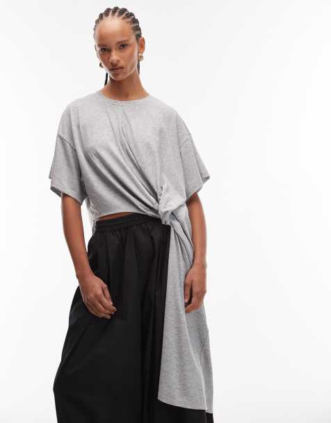 ASOS DESIGN – Gråmelerad, lång topp med snurrad knut och drapering framtill - view 1