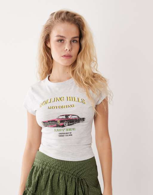 ASOS DESIGN – Gråmelerad, liten t-shirt med korta ärmar och biltryck i vintagestil