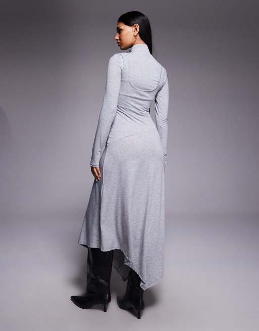 ASOS DESIGN – Gråmelerad midiklänning i två lager med långa ärmar och asymmetrisk fåll, 3 av 4