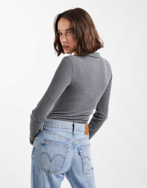 ASOS DESIGN – Gråmelerad, ribbad body med krage och långa ärmar, 3 av 4