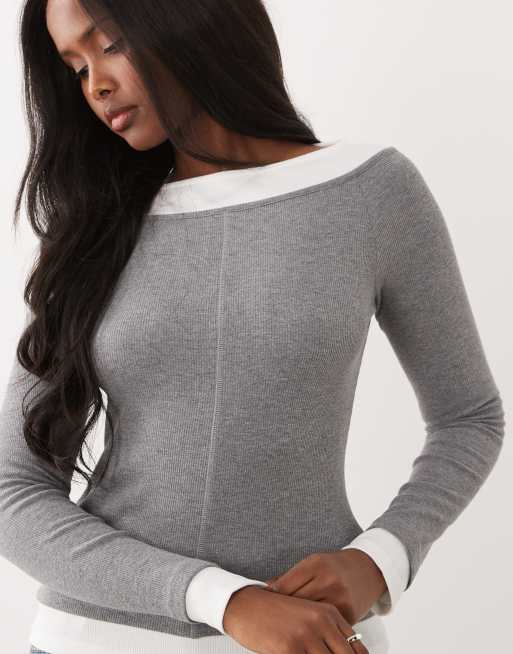 ASOS DESIGN – Gråmelerad, ribbad topp i två lager med bara axlar, 3 av 4