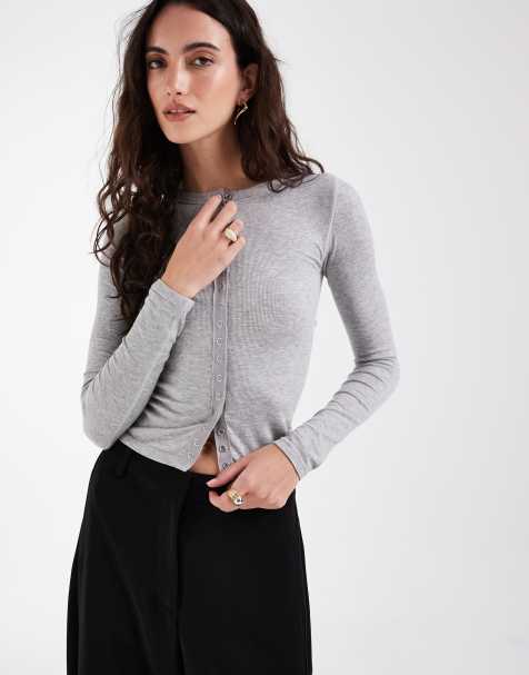 ASOS DESIGN – Gråmelerad, ribbad topp med sömlös design, långa ärmar och tryckknappar - view 1