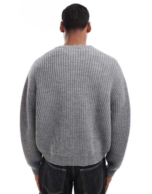 ASOS DESIGN – Gråmelerad, stickad, oversize tröja i kraftig ylleblandning med rund halsringning och boxig passform, 2 av 4