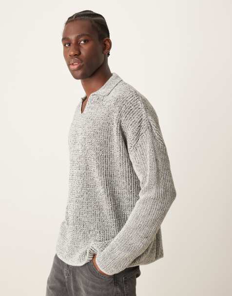 ASOS DESIGN – Gråmelerad, stickad pikétröja med boxig oversize-passform - view 1