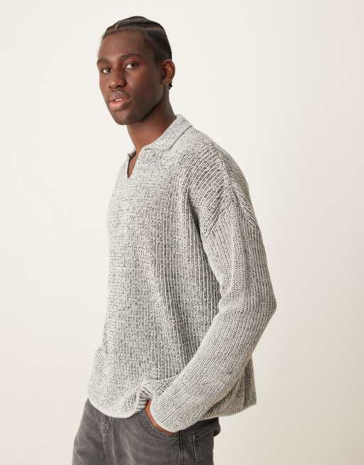 ASOS DESIGN – Gråmelerad, stickad pikétröja med boxig oversize-passform