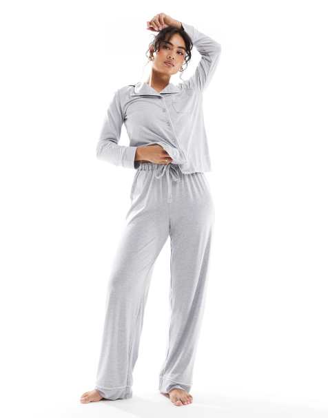 ASOS DESIGN – Gråmelerad, supermjuk pyjamas med långärmad skjorta och byxor med kontrasterande kantband - view 1