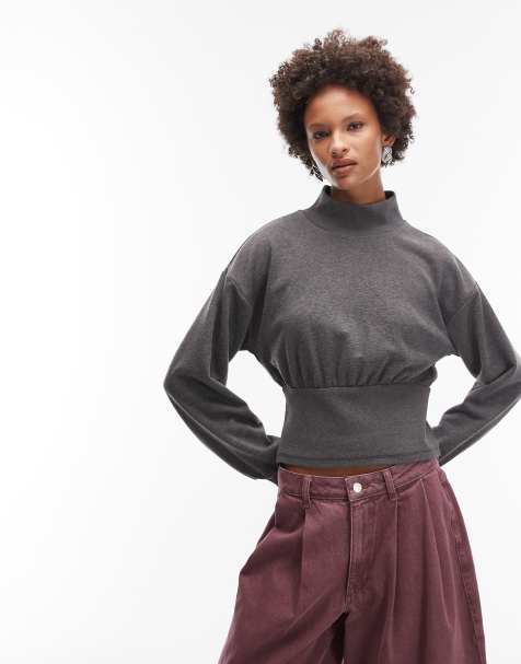 ASOS DESIGN – Gråmelerad sweatshirt med hög krage och markerad midja - view 1