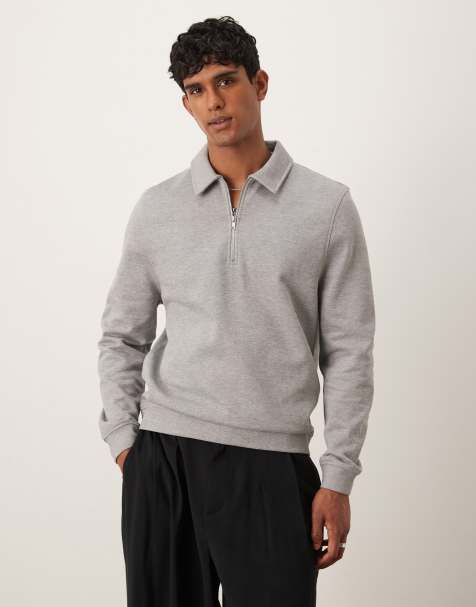ASOS DESIGN – Gråmelerad sweatshirt med kvartslång dragkedja och krage - view 1