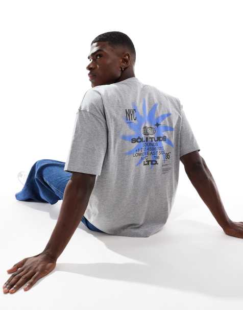ASOS DESIGN – Gråmelerad t-shirt i oversize med himlakroppstryck - view 1