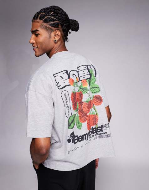 ASOS DESIGN – Gråmelerad t-shirt med boxig oversize-passform och frukttryck fram- och baktill - view 1