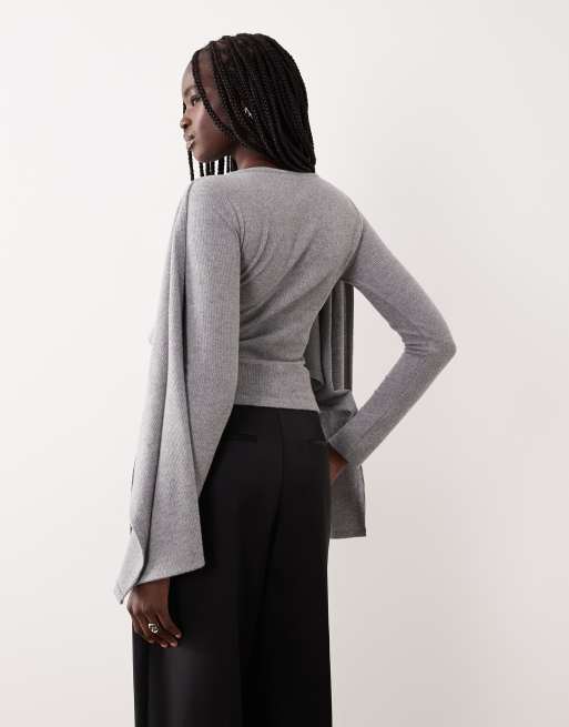 ASOS DESIGN – Gråmelerad topp med långa ärmar, scarf och draperad design, 4 av 4