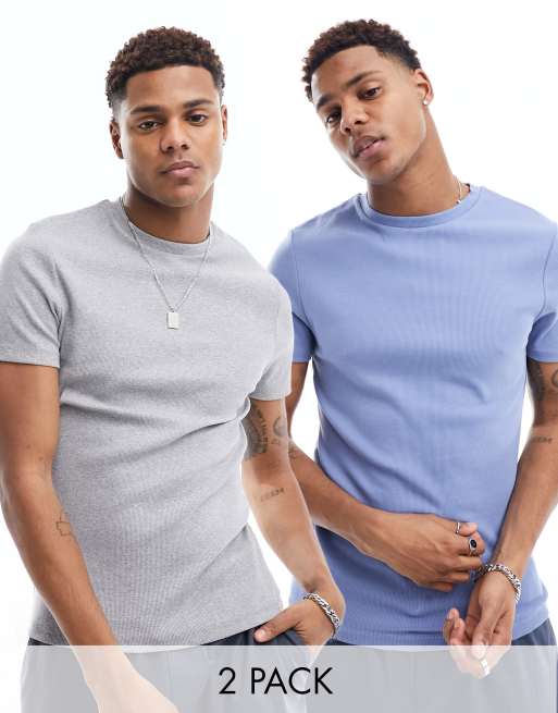 ASOS DESIGN – Gråmelerade, blå och ribbade t-shirts i muscle fit, 2-pack