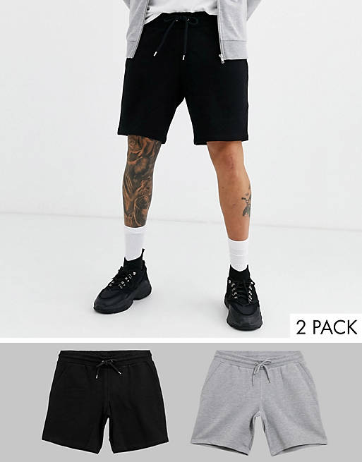 ASOS DESIGN – Gråmelerade/svarta jersey-shorts med smal passform i 2-pack – Spara