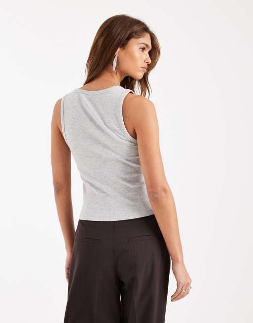 ASOS DESIGN – Gråmelerat, ribbat linne med breda kantband och djup halsringning, 3 av 4