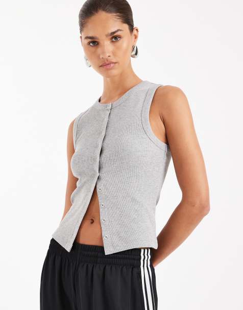 ASOS DESIGN – Gråmelerat, ribbat linne med tryckknappar - view 1