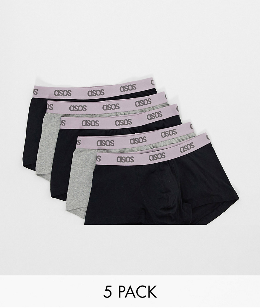 ASOS DESIGN — Gråmelerede og sorte korte underbukser med violet taljebånd 5-pak-Multifarvet