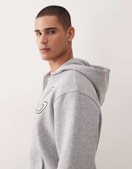 ASOS DESIGN - Gråmeleret afslappet hættetrøje med firkantet pasform og lynlås samt tekstbroderi, 4 af 5