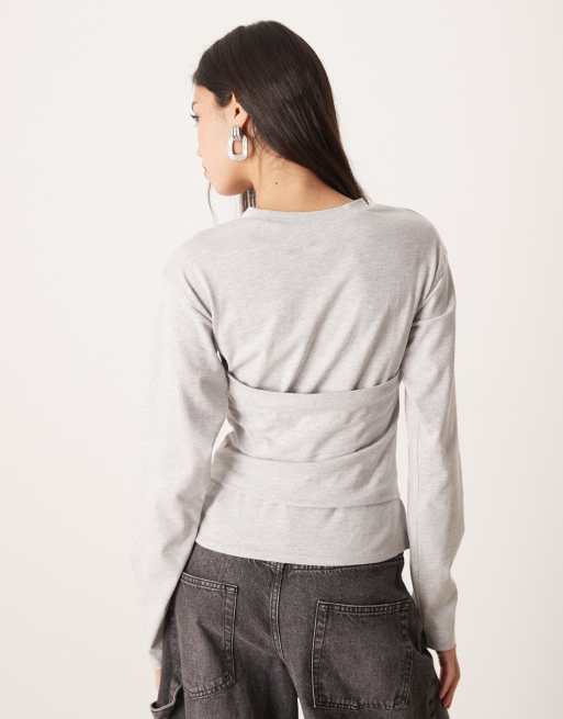 ASOS DESIGN - Gråmeleret figursyet T-shirt med taljebånd og lange ærmer, 4 af 4