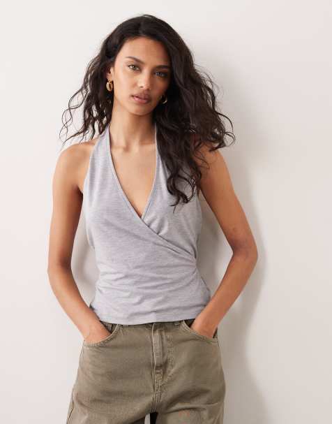 ASOS DESIGN - Gråmeleret halterneck-top med slå-om-detalje og bindebånd - view 1
