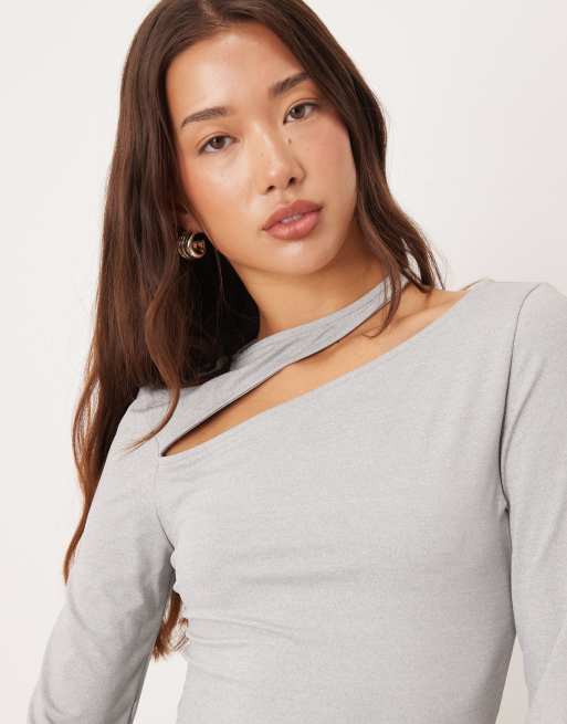 ASOS DESIGN - Gråmeleret og blød overdel i bomuld med lange ærmer og udskæring, 3 af 4