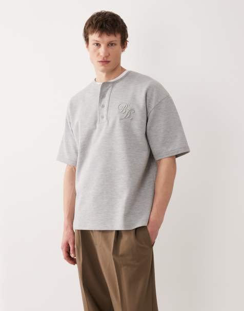 ASOS DESIGN - Gråmeleret oversized henley-T-shirt med brodering på brystet i kraftigt stof - view 1