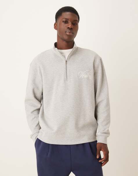 ASOS DESIGN - Gråmeleret oversized sweatshirt med halv lynlås og broderi på brystet - view 1