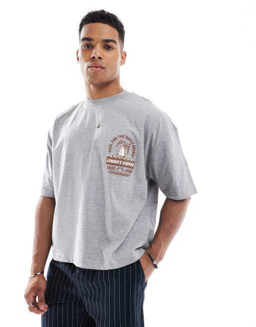 ASOS DESIGN - Gråmeleret oversized T-shirt med kaffegrafik i firkantet pasform, 4 af 4