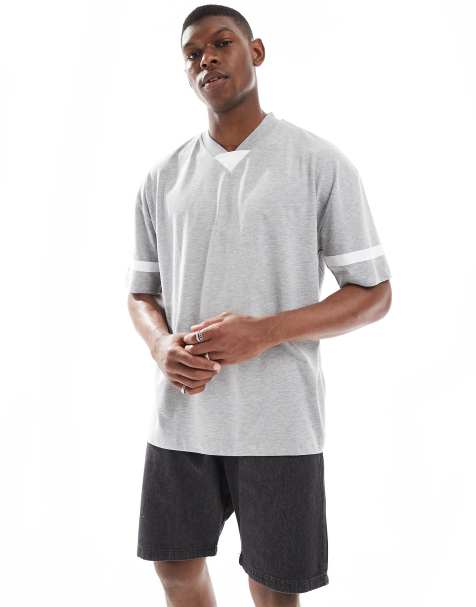 ASOS DESIGN - Gråmeleret oversized T-shirt med V-hals og kontrastfarvet panel - view 1