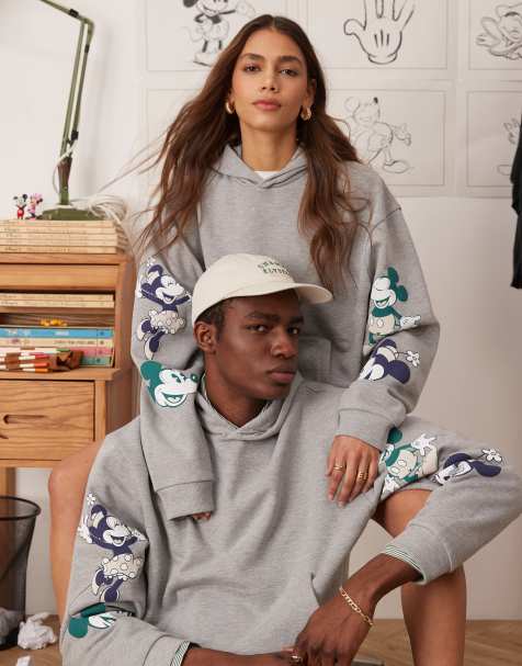 ASOS DESIGN - Gråmeleret oversized unisex-hættetrøje med 'Disney Mickey/Minnie Mouse'-print i firkantet pasform - view 1