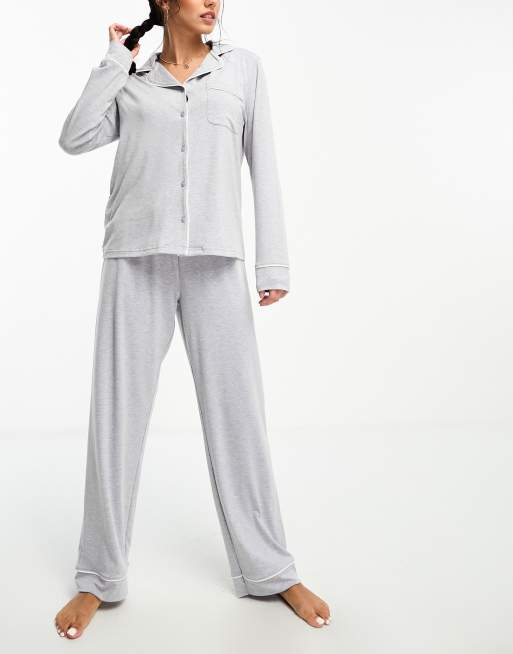 ASOS DESIGN - Gråmeleret pyjamassæt med langærmet skjorte og bukser med kontrastkanter i blød jersey