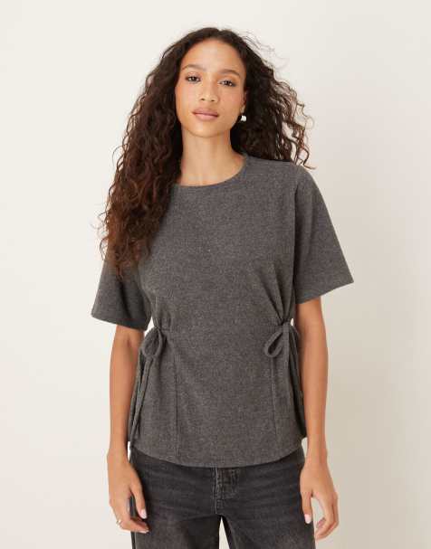 ASOS DESIGN - Gråmeleret superblød T-shirt med indsyede detaljer i siden med bindebånd - view 1