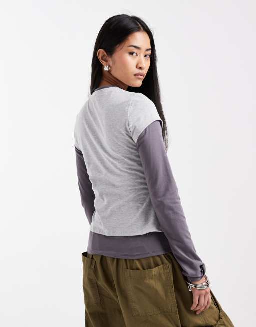 ASOS DESIGN - Gråmeleret top i dobbeltlag med 31-talprint med polkaprikker, 4 af 4