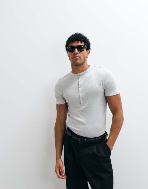 ASOS DESIGN - Gråmeleret tætsiddende henley-T-shirt i ribstrik - view 1