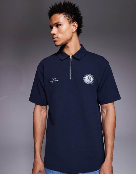 ASOS DESIGN – Granatowa bardzo gruba koszulka polo o luźnym kroju z haftowanym wzorem na piersi, część zestawu - view 1