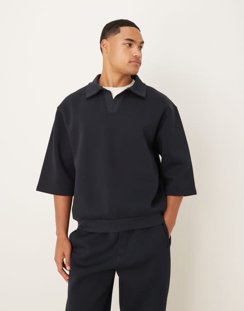 ASOS DESIGN – Granatowa bluza oversize z materiału w stylu scuba z kołnierzykiem polo i rękawami 3/4 - view 1