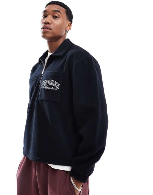 ASOS DESIGN – Granatowa bluza polarowa oversize o pudełkowym kroju z kołnierzykiem polo i haftowanym wzorem