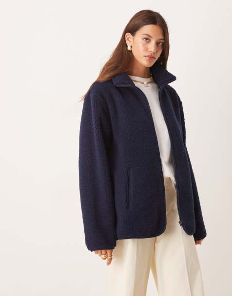 ASOS DESIGN borg zip through fleece in navy
