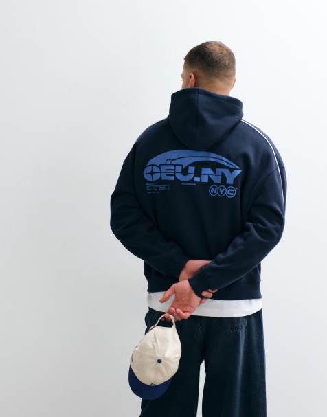 ASOS DESIGN – Granatowa bluza z kapturem o pudełkowym kroju extreme oversize z wypustkami i nadrukiem - view 1