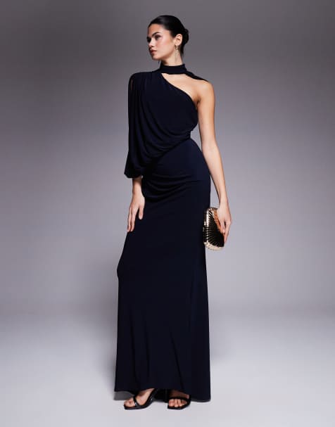 ASOS DESIGN – Granatowa drapowana sukienka maxi na jedno ramię z pelerynką - view 1