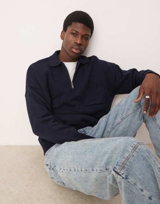 ASOS DESIGN – Granatowa dzianinowa koszulka polo oversize z zamkiem pod szyją i kieszeniami na piersiach
