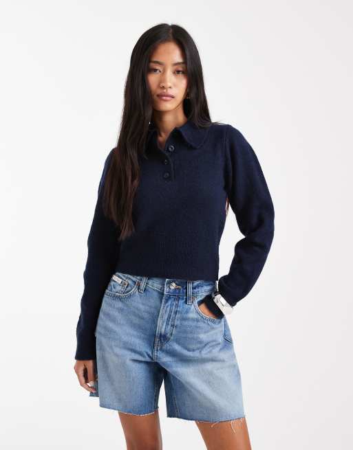 ASOS DESIGN – Granatowa dzianinowa koszulka polo z długimi rękawami i zwężaną talią